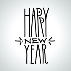 Happy New Year handdrawn black linear inscription on white backg
