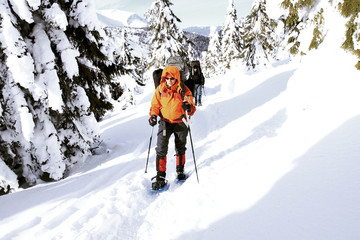 Winter hiking in the mountains.