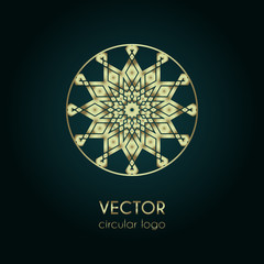 Golden logo design template, creative circular emblem, decorative icon, vector illustration