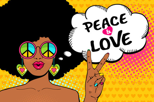 Wow female face. Sexy african american hippie woman in glasses with pacific sign shows victory sign and peace and love speech bubble. Vector colorful background in pop art retro comic style.