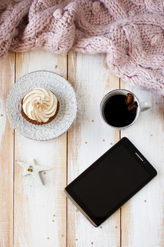 Flat Lay Cupcake  With Coffee And Tablet