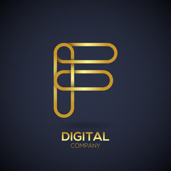 Letter F Logo Design.Linked shape circle symbol,Digital,Gold color