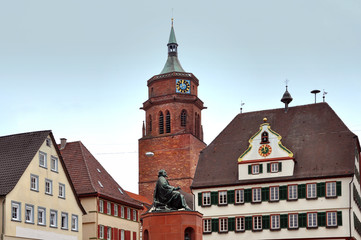 Red brick tower on the old square of Weil der Stadt, Baden-Wurttemberg, Germany.