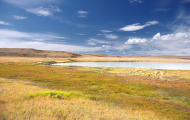 Bright landscape with steppe shore of a  milky turquoise glacier lake with dry yellow grass under the blue sky and white clouds. The Ukok Plateau, Altai Mountains, Siberia, Russia.