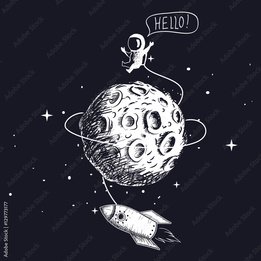 Sticker astronaut with spaceship and moon
