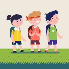 Kids with backpacks going on outdoor hiking trip.