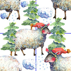 Sheep, Christmas, New Year, watercolor, seamless pattern