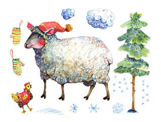 Sheep, Christmas, New Year, watercolor, seamless pattern