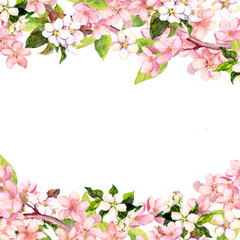 Fototapeta na wymiar Blossom pink sakura flowers. Floral card or blank. Watercolor