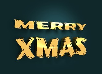 New Year and Christmas relative illustration. Merry Xmas text. Golden metal material. 3D rendering. Unusual font