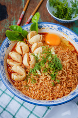 Thai style noodle, noodle tom yum kung with beef meatball on tab