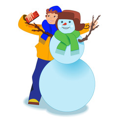 Boy made a snowman and makes a selfie. Snowman wearing a hat and a scarf. Isolated white background.