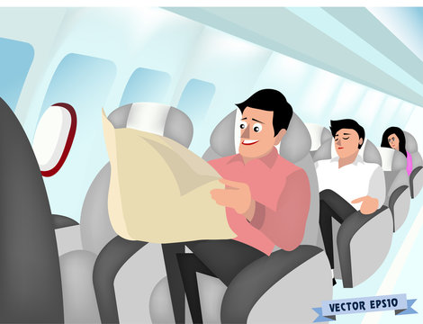 graphic design vector of man sitting in air plane seat and reading newspaper, air plane interior design concept
