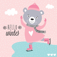 cute teddy bear ice skating vector illustration