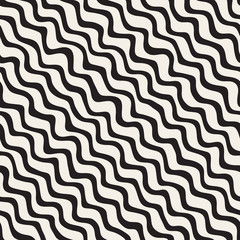 Vector Seamless Black and White Hand Drawn Diagonal Wavy Lines Pattern