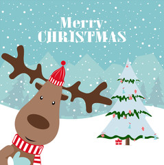 Christmas deer, happy winter xmas holiday animal greeting card.