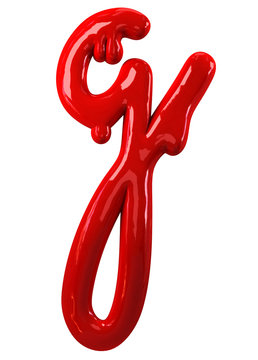 Leaky red alphabet Isolated on White background. Handwritten Cursive Small letter g. 3d rendering
