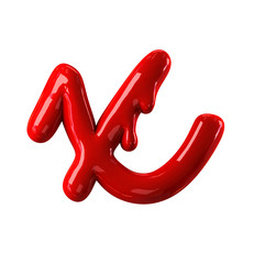 Leaky red alphabet Isolated on White background. Handwritten Cursive Small letter x. 3d rendering