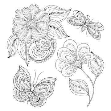 Vector Set of Beautiful Monochrome Floral Design Elements with I