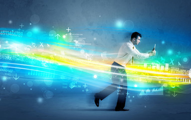 Business man running in high tech wave concept
