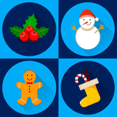 Set of four vector icons for New Year and Christmas. Holly berry, snowman, gingerbread man and Christmas sock