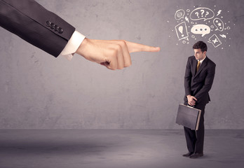 Boss hand pointing at confused employee