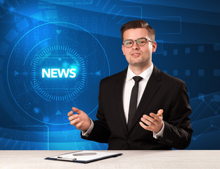 Modern televison presenter telling the news with tehnology backg