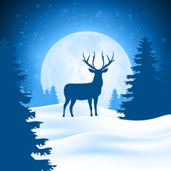 Lonely deer in snowbound forest on background moon. Christmas winter landscape - 129780337