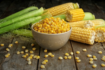 Bowl with corn seeds and ripe corn cobs on wooden table