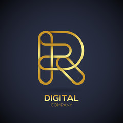 Obraz premium Letter R Logo Design.Linked shape circle symbol,Digital,Gold color