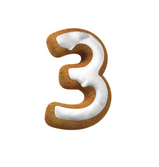 Number 3, Three. Gingerbread font. Christmas cookie alphabet concept. 3d rendering isolated on White Background
