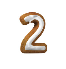 Number 2, Two. Gingerbread font. Christmas cookie alphabet concept. 3d rendering isolated on White Background
