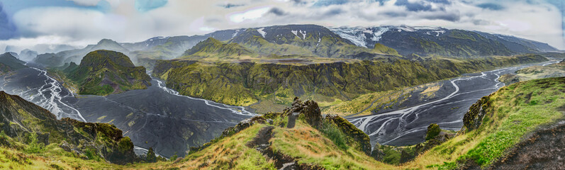 Wide panorama of the Krossa River valley and  Eyjafjallajokull,