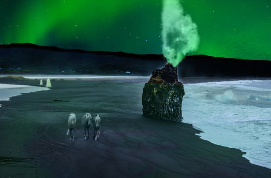 Fantasy Black And Green Night Time Beach Scene From Vik, Iceland