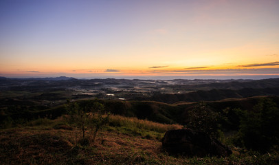 Mountain fog light morning sunrise.