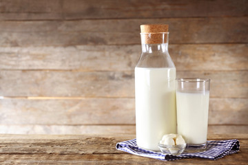 Fresh dairy products on wooden background