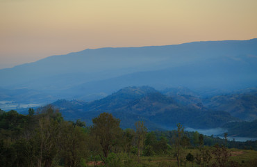 Mountain fog light morning sunrise.