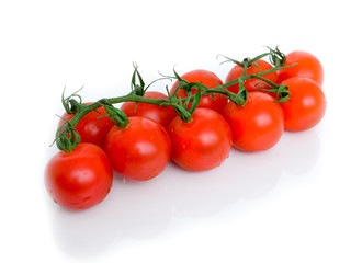 Ripe Fresh Cherry Tomatoes on Branch Isolated on White Background