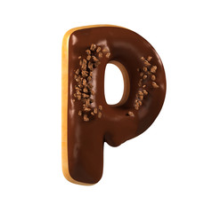 Chocolate Donut Font Concept. Delicious Letter P. 3d rendering isolated on white background