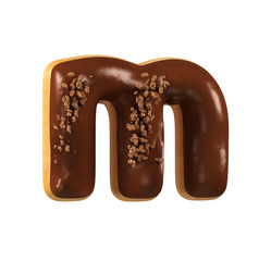 Chocolate Donut Font Concept. Delicious Letter M. 3d rendering isolated on white background