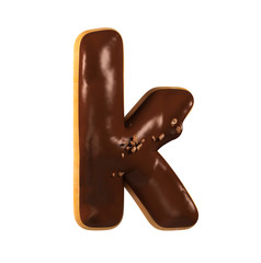 Chocolate Donut Font Concept. Delicious Letter K. 3d rendering isolated on white background