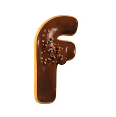 Chocolate Donut Font Concept. Delicious Letter F. 3d rendering isolated on white background
