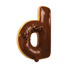 Chocolate Donut Font Concept. Delicious Letter D. 3d rendering isolated on white background
