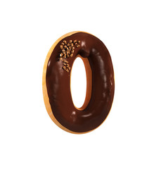 Chocolate Biscuit Donut Font Concept. Delicious Number 0, Zero. 3d rendering isolated on white background
