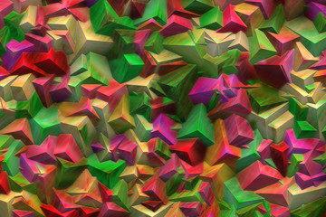 Green, red and yellow blocks crystals, abstract background design, digital art illustration work.