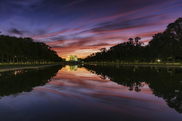 USA, Washington DC, view to Lincoln Memorial at sunset