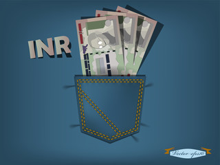 vector illustration of indian rupee in the pocket of blue jeans
