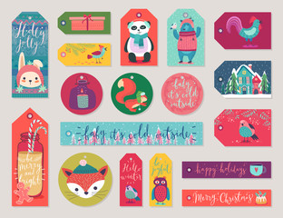 Christmas gift tags set, hand drawn style.