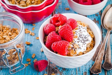 Healthy breakfast: granola with yogurt, fresh raspberries, almonds and chia seeds