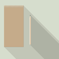 top view of flat vector design pencil and blank kraft paper notebook on background with long shadow effect